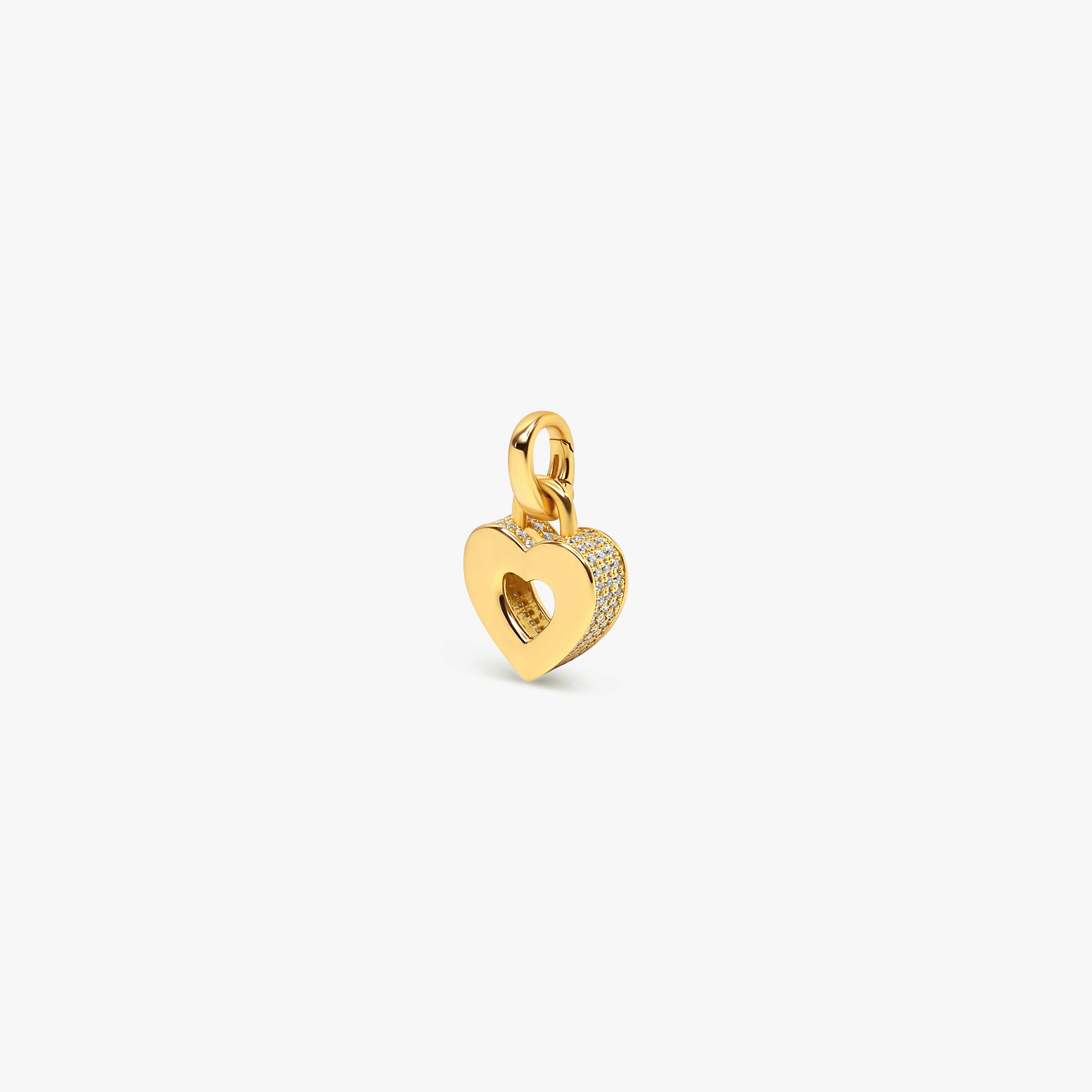 Gold vermeil Akoma heart charm featuring an open-heart design with brilliant high-grade zircon stones pavé-set along the outer edges.