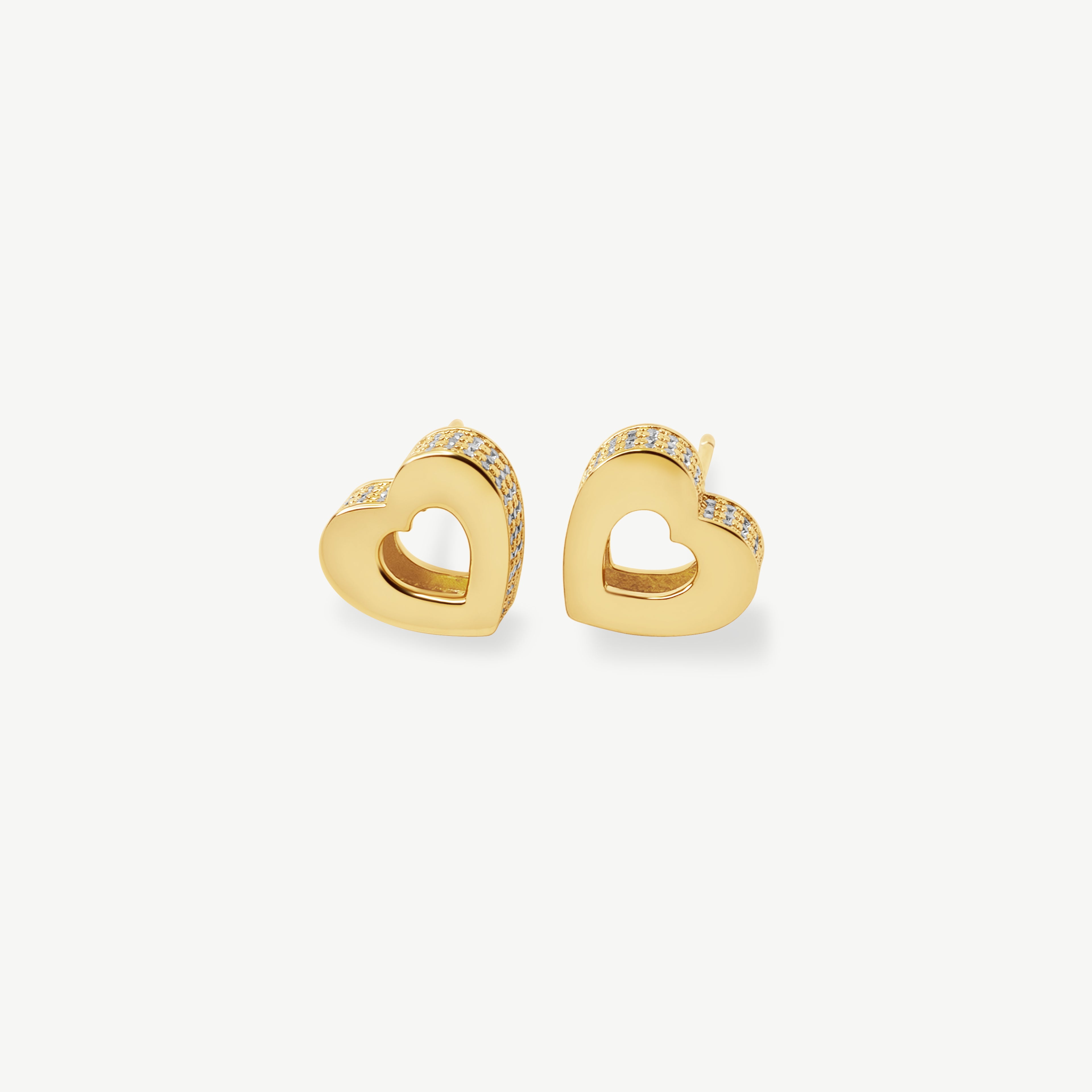 Gold vermeil Akoma heart stud earrings featuring an open-heart design with brilliant high-grade zircon stones pavé-set along the outer edges.