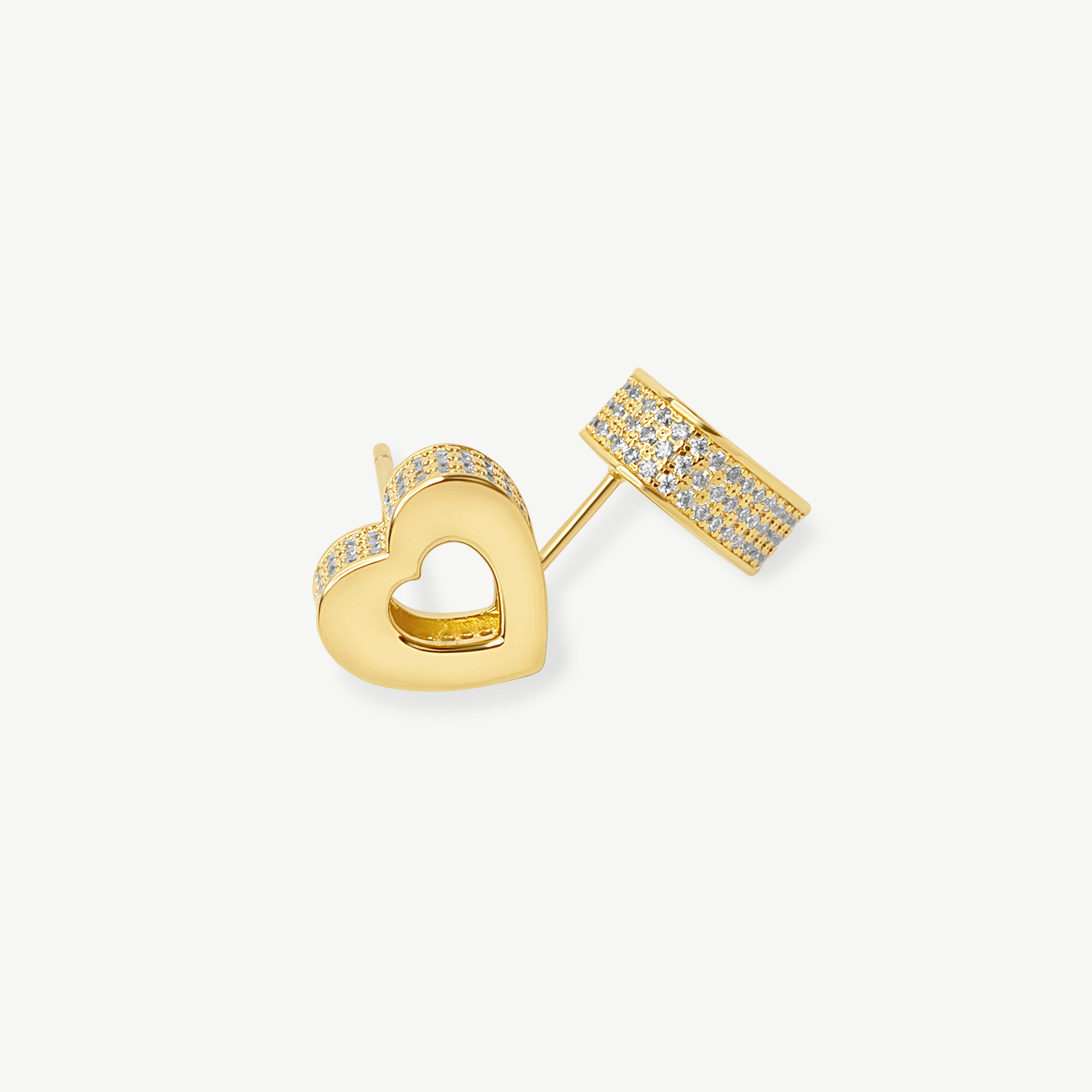 Gold vermeil Akoma heart stud earrings featuring an open-heart design with brilliant high-grade zircon stones pavé-set along the outer edges.
