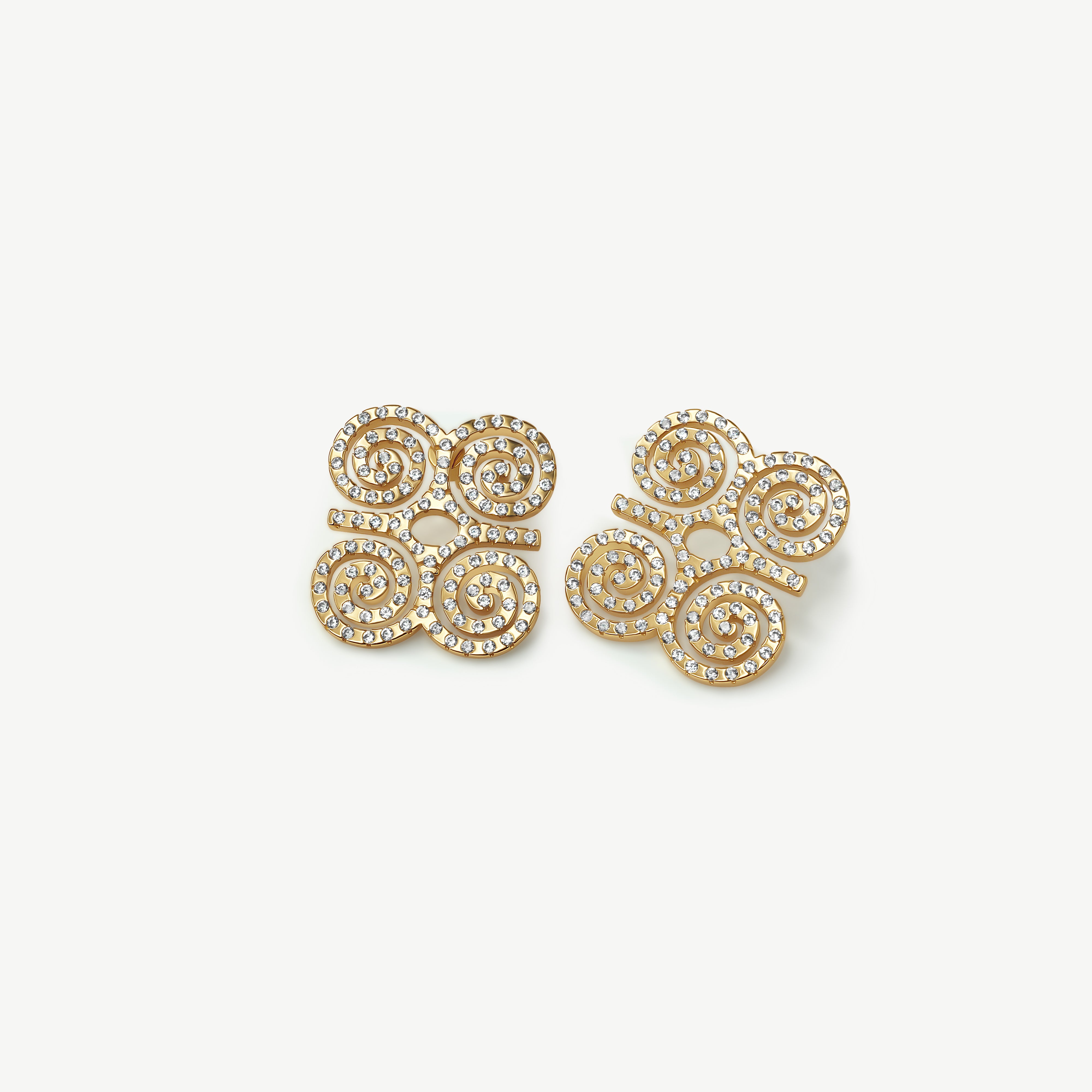 Gold Dwennimmen Adinkra symbol earrings featuring high-grade white zircon stones in a symmetrical four-spiral filigree stud design.