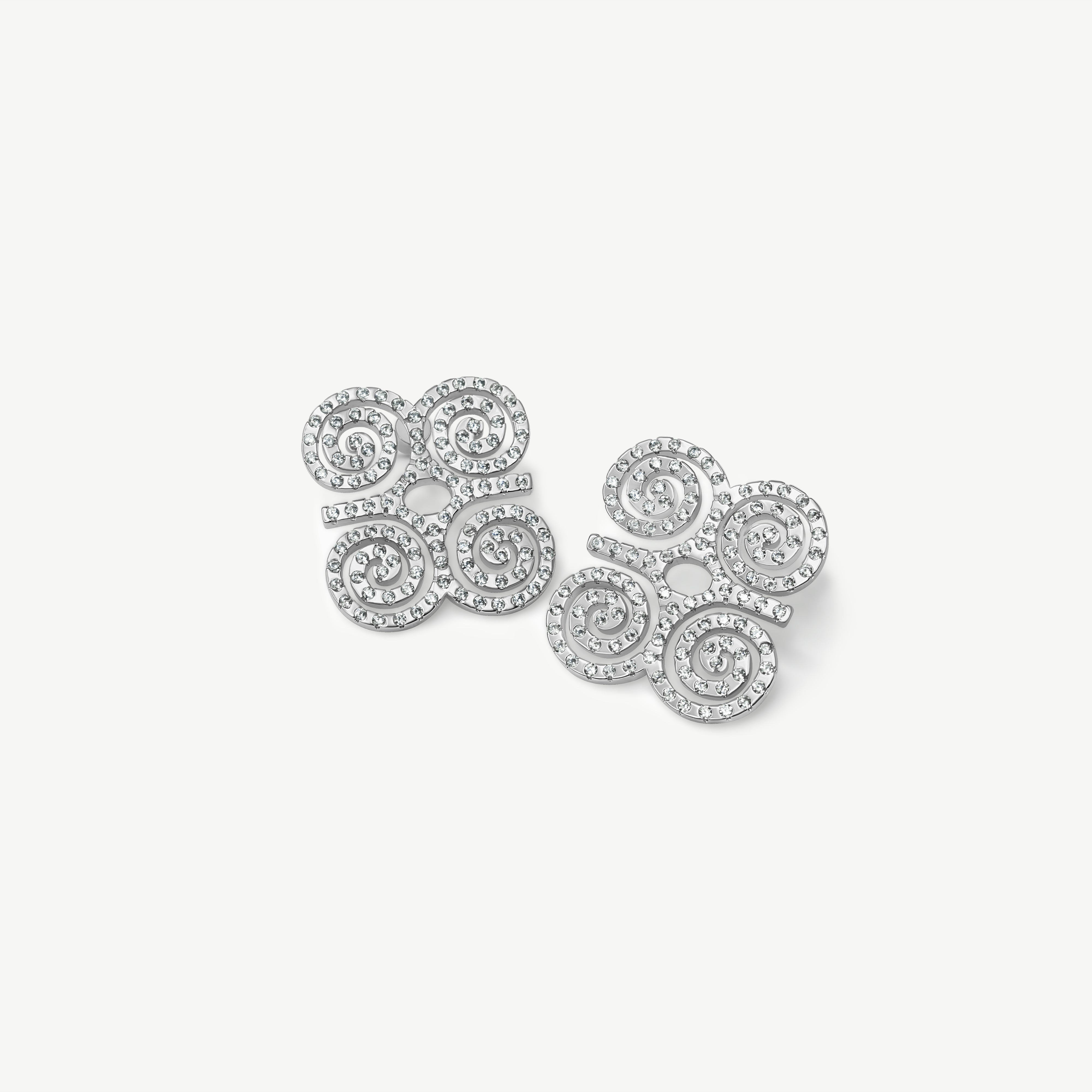 Silver Dwennimmen Adinkra symbol earrings featuring high-grade white zircon stones in a symmetrical four-spiral filigree stud design.