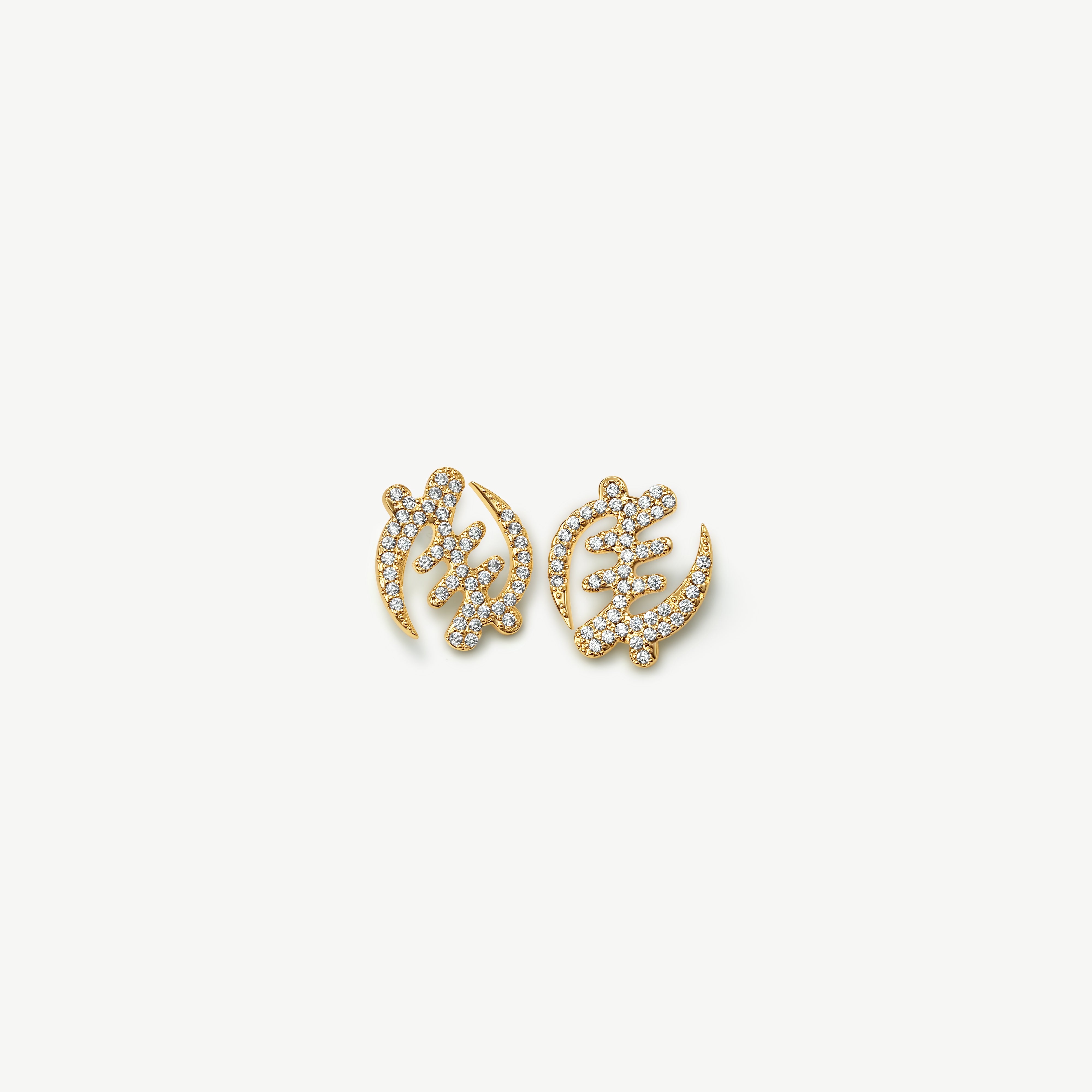 Pair of gold Gye Nyame Adinkra symbol stud earrings, showing the front with pavé-set high-grade zircon stones.