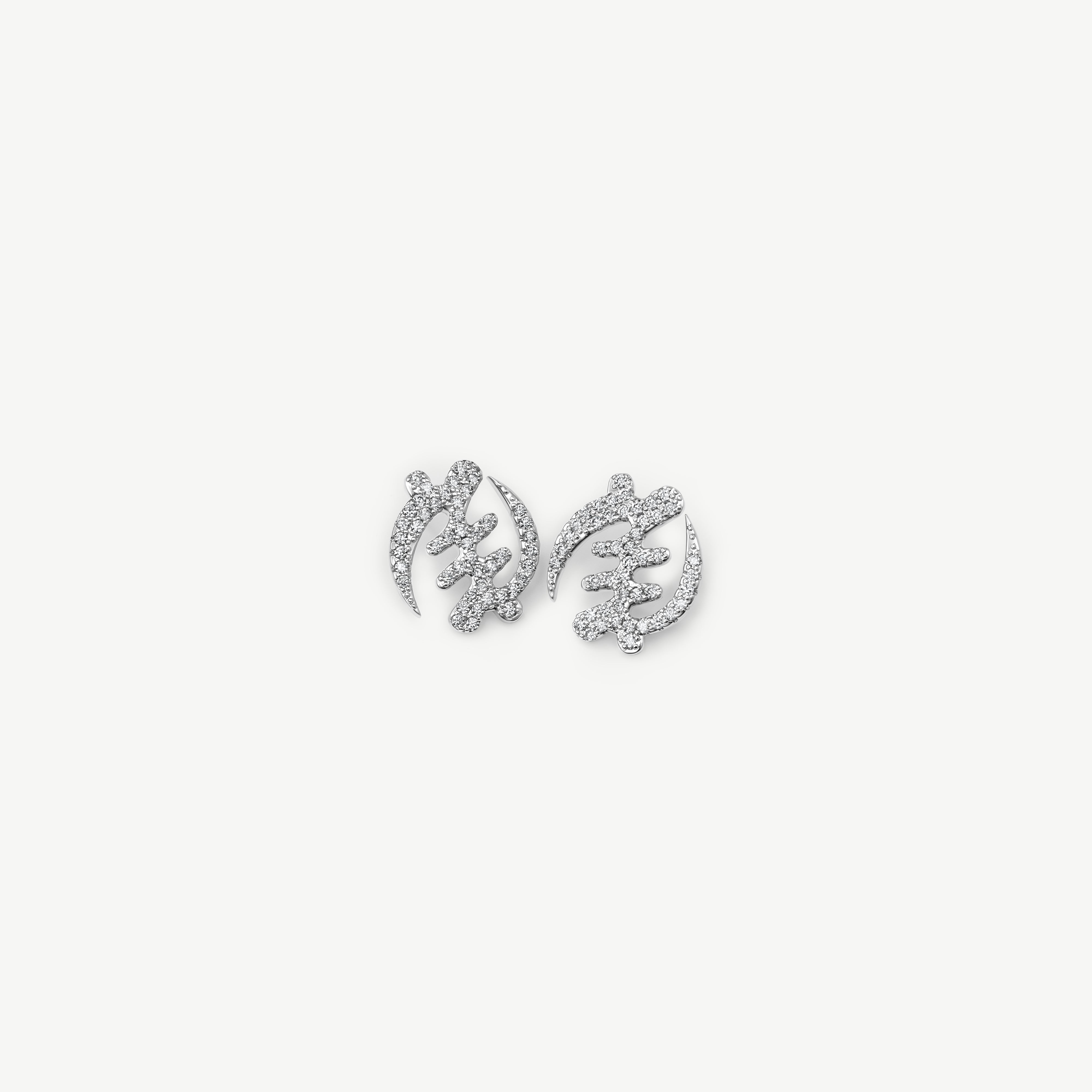 Pair of silver Gye Nyame Adinkra symbol stud earrings, showing the front with pavé-set high-grade zircon stones.