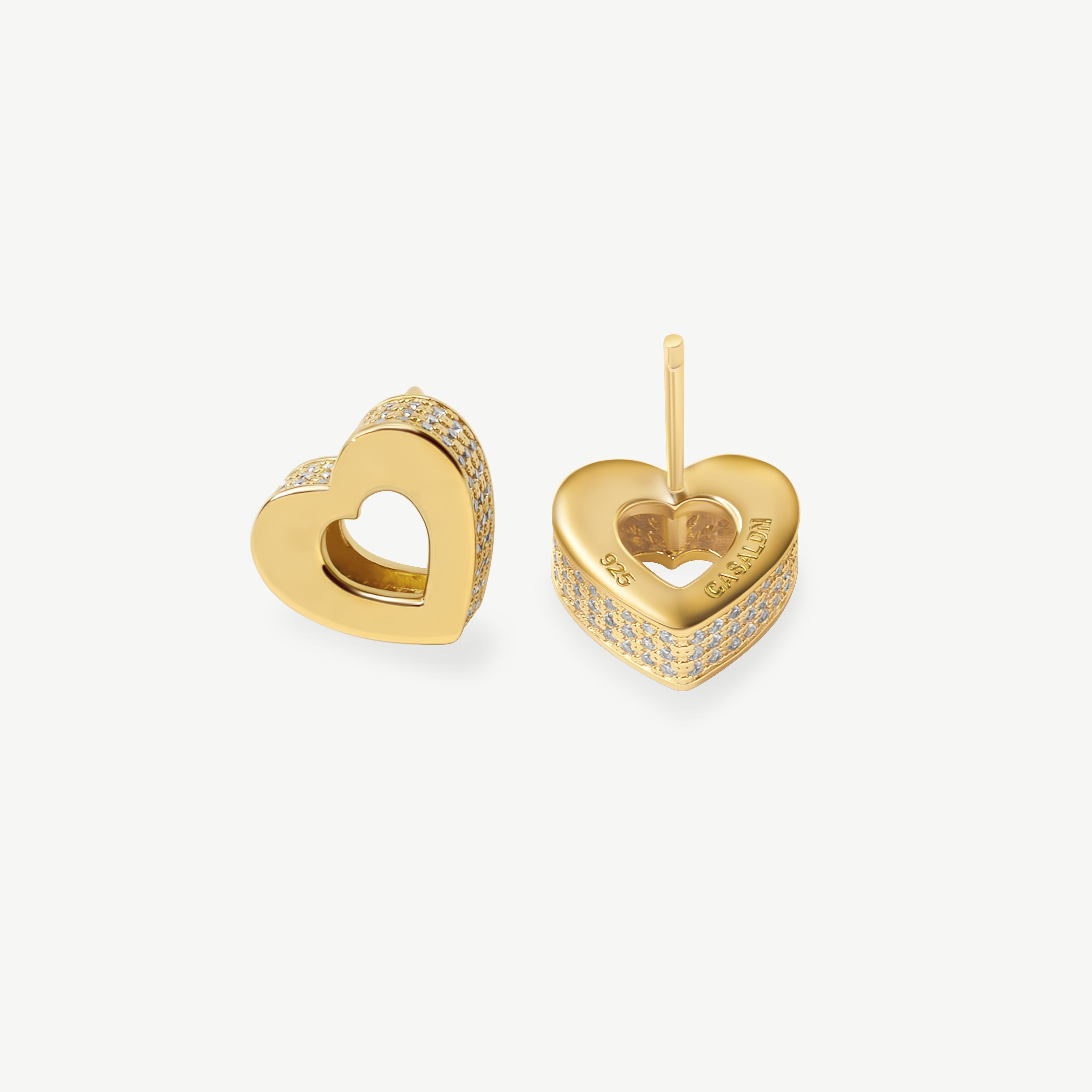 Gold vermeil Akoma heart stud earrings featuring an open-heart design with brilliant high-grade zircon stones pavé-set along the outer edges.