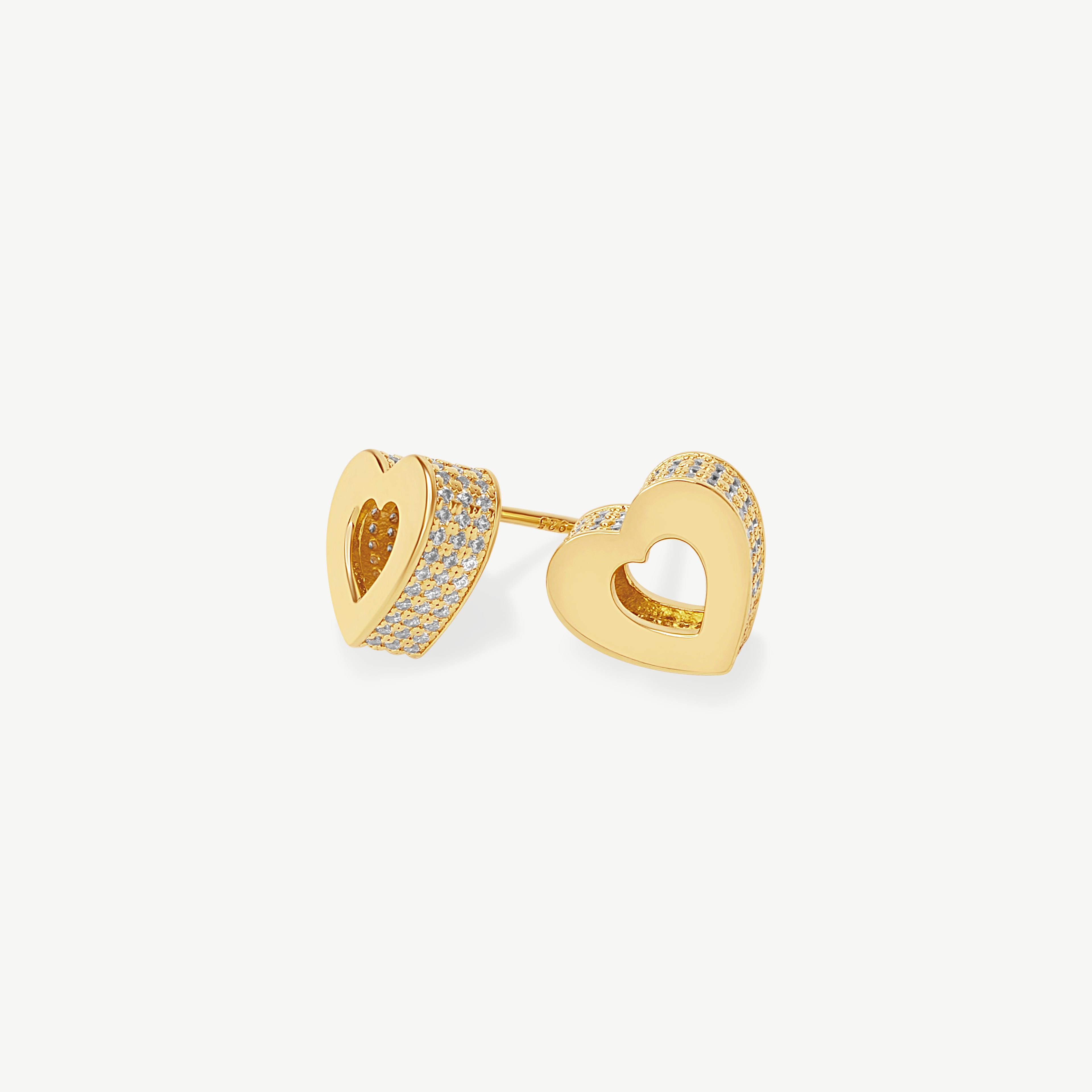 Gold vermeil Akoma heart stud earrings featuring an open-heart design with brilliant high-grade zircon stones pavé-set along the outer edges.