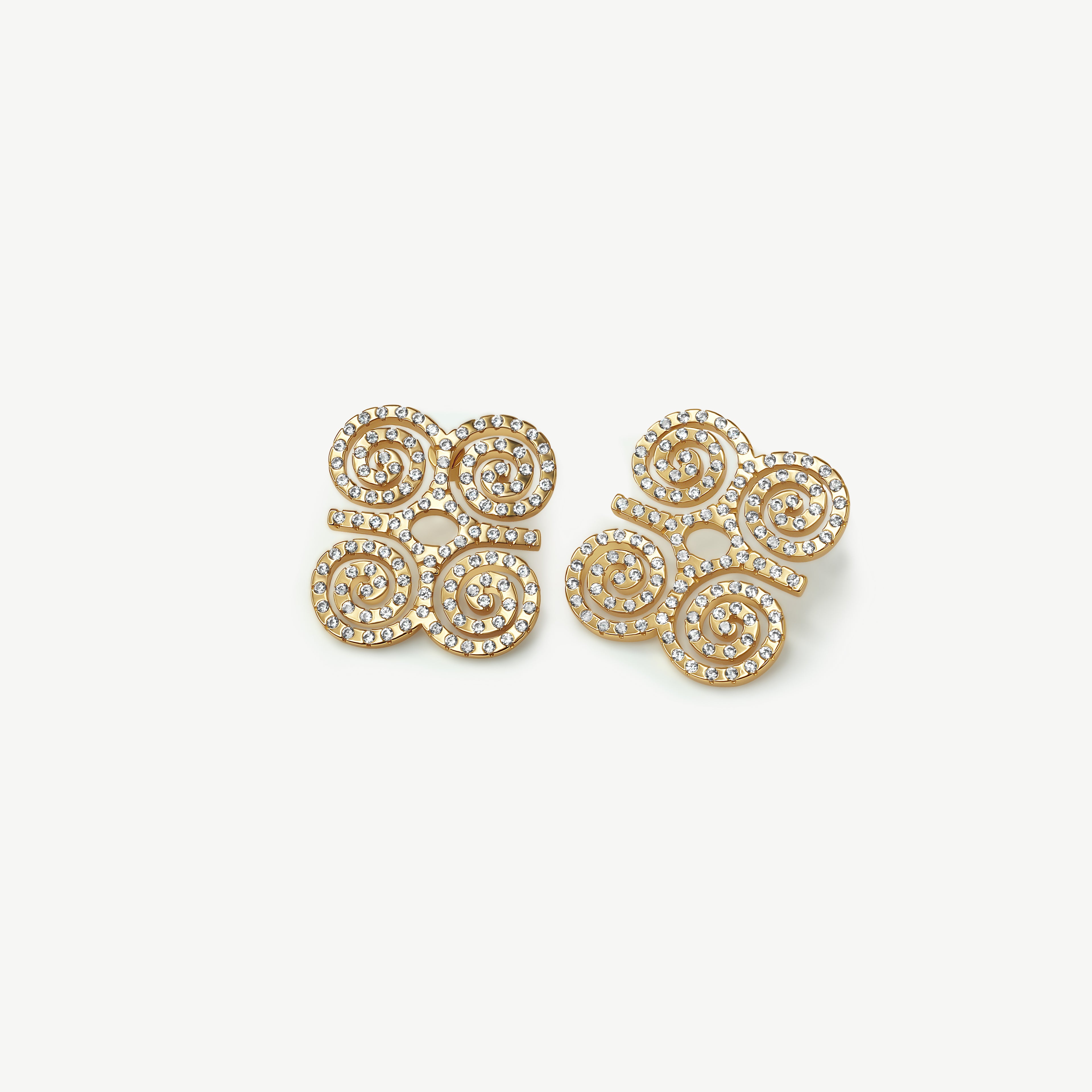 A high-resolution product shot of CASA London’s 18k gold plated Dwennimmen Pavé Stud Earrings. The pair features the intricate Adinkra symbol of rams' horns—representing strength and humility—meticulously encrusted with shimmering pavé-set stones. Set against a minimalist white background, the design highlights the brand's commitment to merging historic West African artistry with sophisticated, modern luxury.
