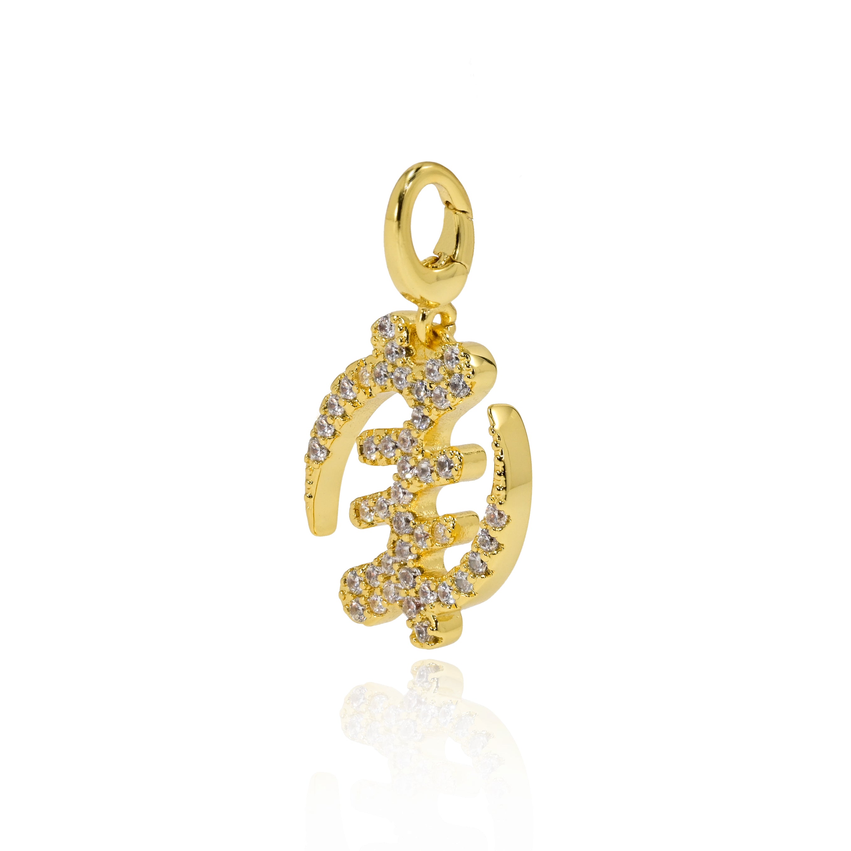 Gye Nyame 18k Gold pendant with high-grade zircon stones on a white background.