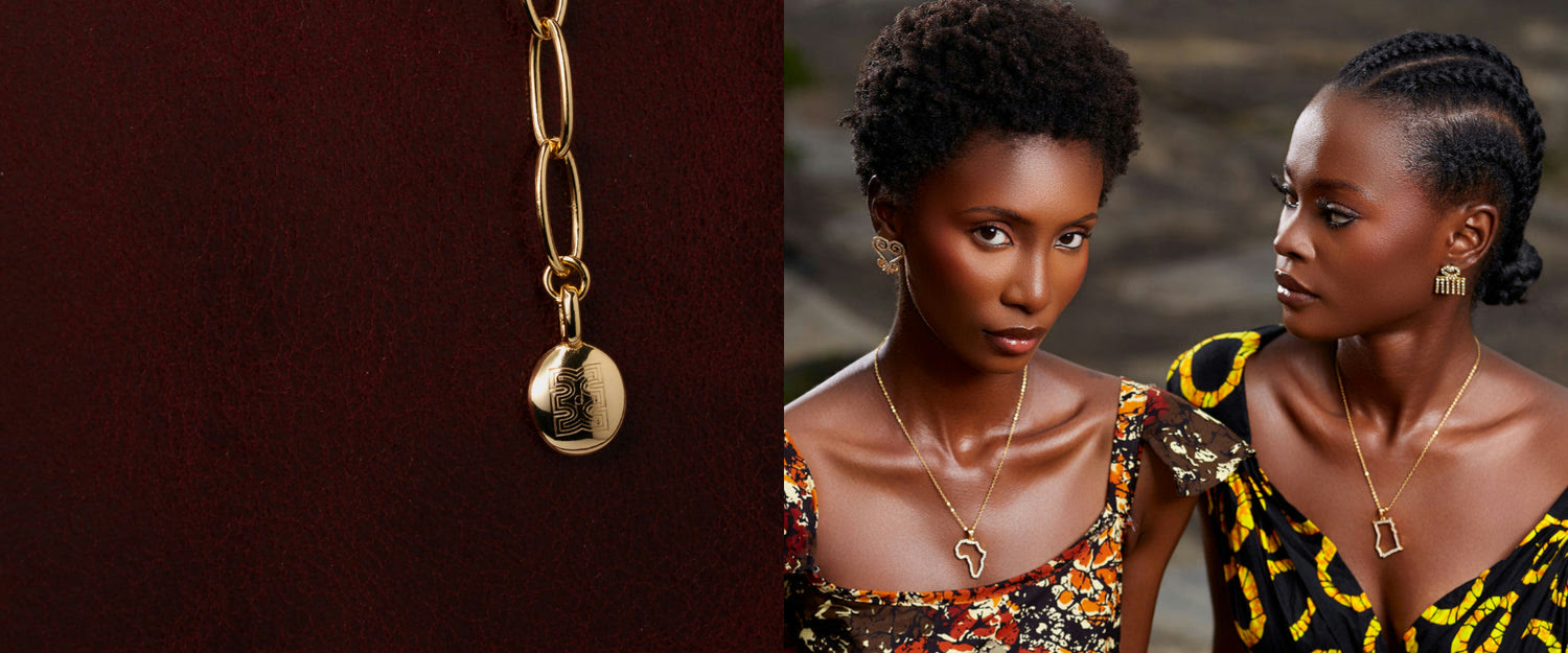 A gold chain with an engraved adinkra pendant on deep burgundy, beside two women wearing CASA London adinkra earrings and gold necklaces